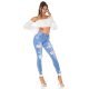 Blugi dama rupti, bleu, din bumbac, cu insertii din dantela, Keanne 8 - jojofashion.ro