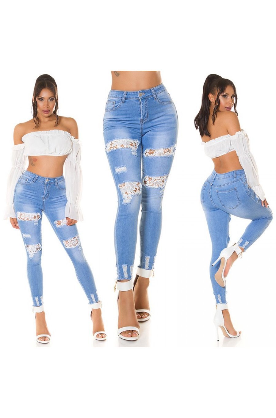 Blugi dama rupti, bleu, din bumbac, cu insertii din dantela, Keanne 8 - jojofashion.ro