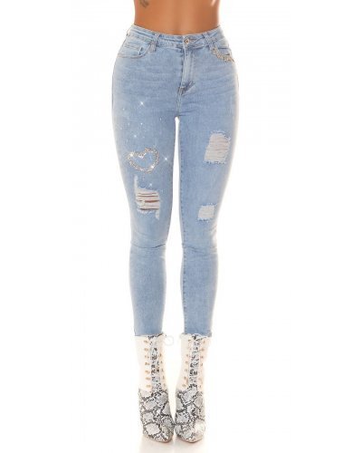 Blugi dama rupti, bleu, din bumbac, mulati, cu glitter, Berenice - jojofashion.ro