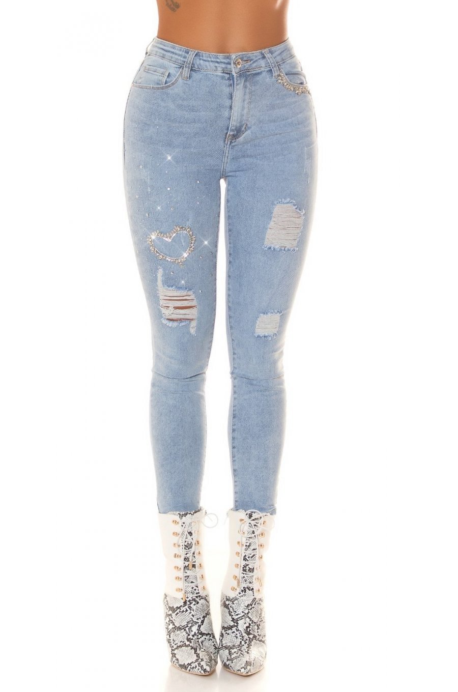 Blugi dama rupti, bleu, din bumbac, mulati, cu glitter, Berenice 1 - jojofashion.ro