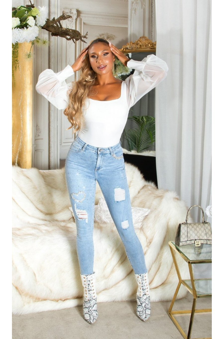 Blugi dama rupti, bleu, din bumbac, mulati, cu glitter, Berenice 4 - jojofashion.ro