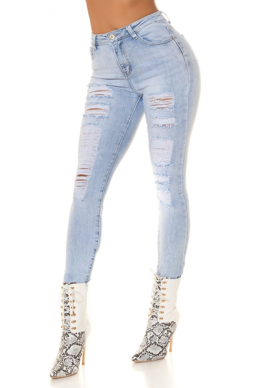 Blugi dama rupti, bleu light, din bumbac denim, cu talia inalta, mulati, Meggan 1 - jojofashion.ro