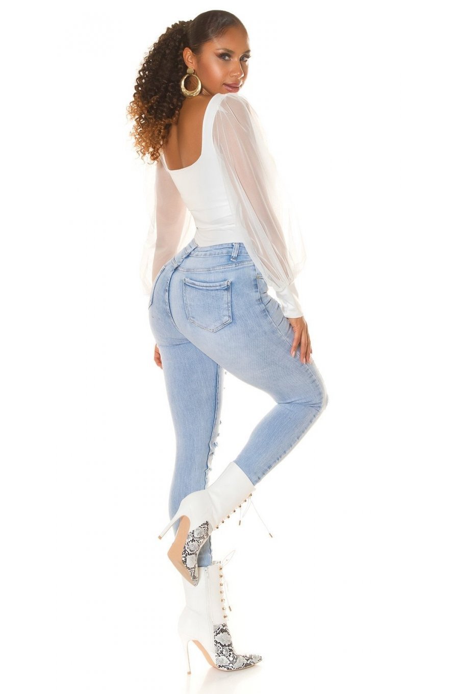 Blugi dama rupti, bleu light, din bumbac denim, cu talia inalta, mulati, Meggan 6 - jojofashion.ro