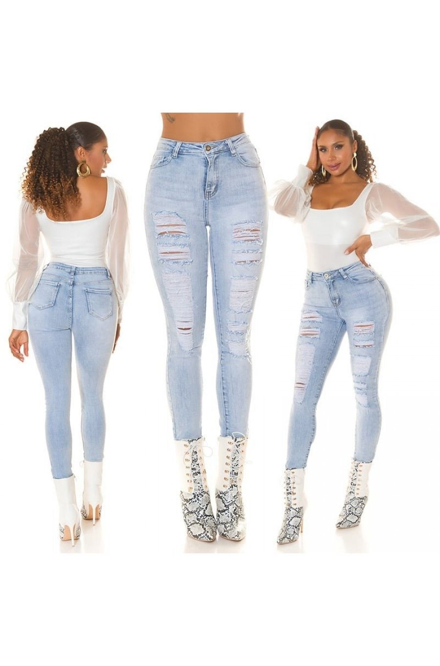 Blugi dama rupti, bleu light, din bumbac denim, cu talia inalta, mulati, Meggan 8 - jojofashion.ro