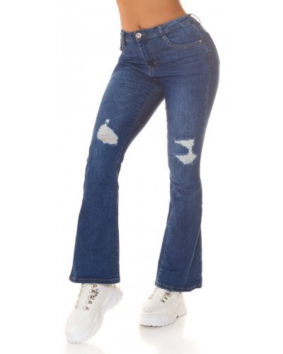 Blugi dama rupti BootCut, albastri, bumbac denim, cu talia inalta, Sarenna - jojofashion.ro