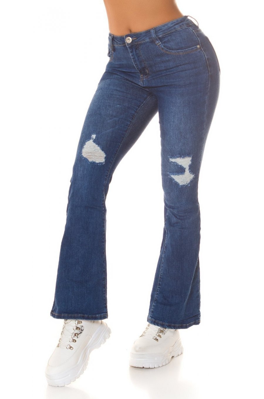 Blugi dama rupti BootCut, albastri, bumbac denim, cu talia inalta, Sarenna 1 - jojofashion.ro