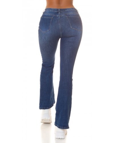 Blugi dama rupti BootCut, albastri, bumbac denim, cu talia inalta, Sarenna - jojofashion.ro