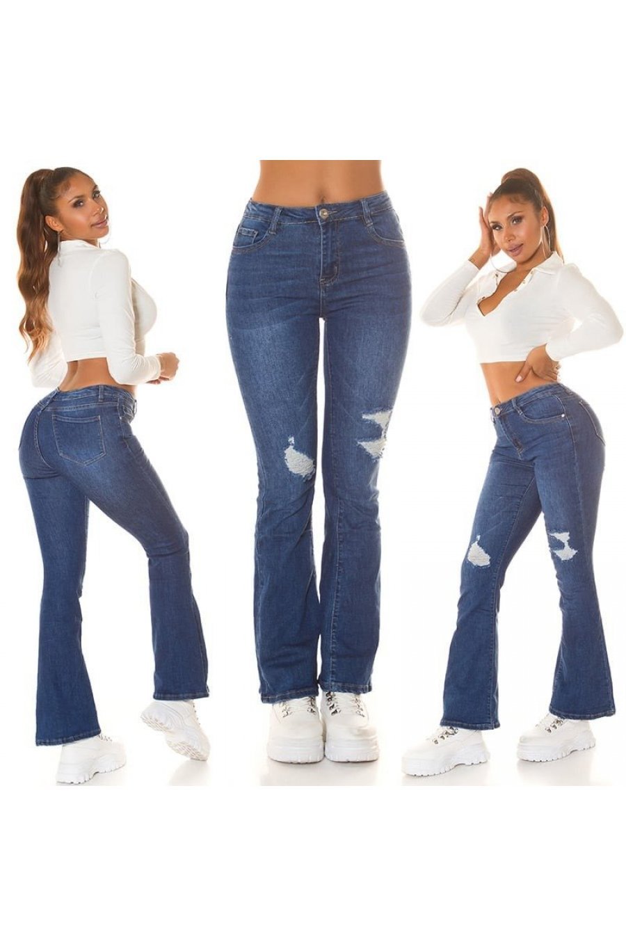 Blugi dama rupti BootCut, albastri, bumbac denim, cu talia inalta, Sarenna 8 - jojofashion.ro