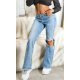 Blugi dama rupti, BootCut, albastri, din bumbac, cu talia inalta, Salme 2 - jojofashion.ro