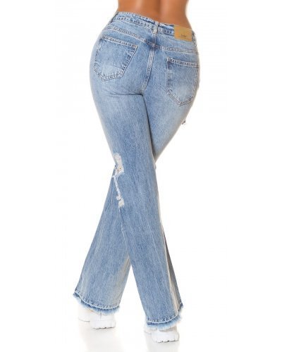 Blugi dama rupti, BootCut, albastri, din bumbac, cu talia inalta, Salme - jojofashion.ro
