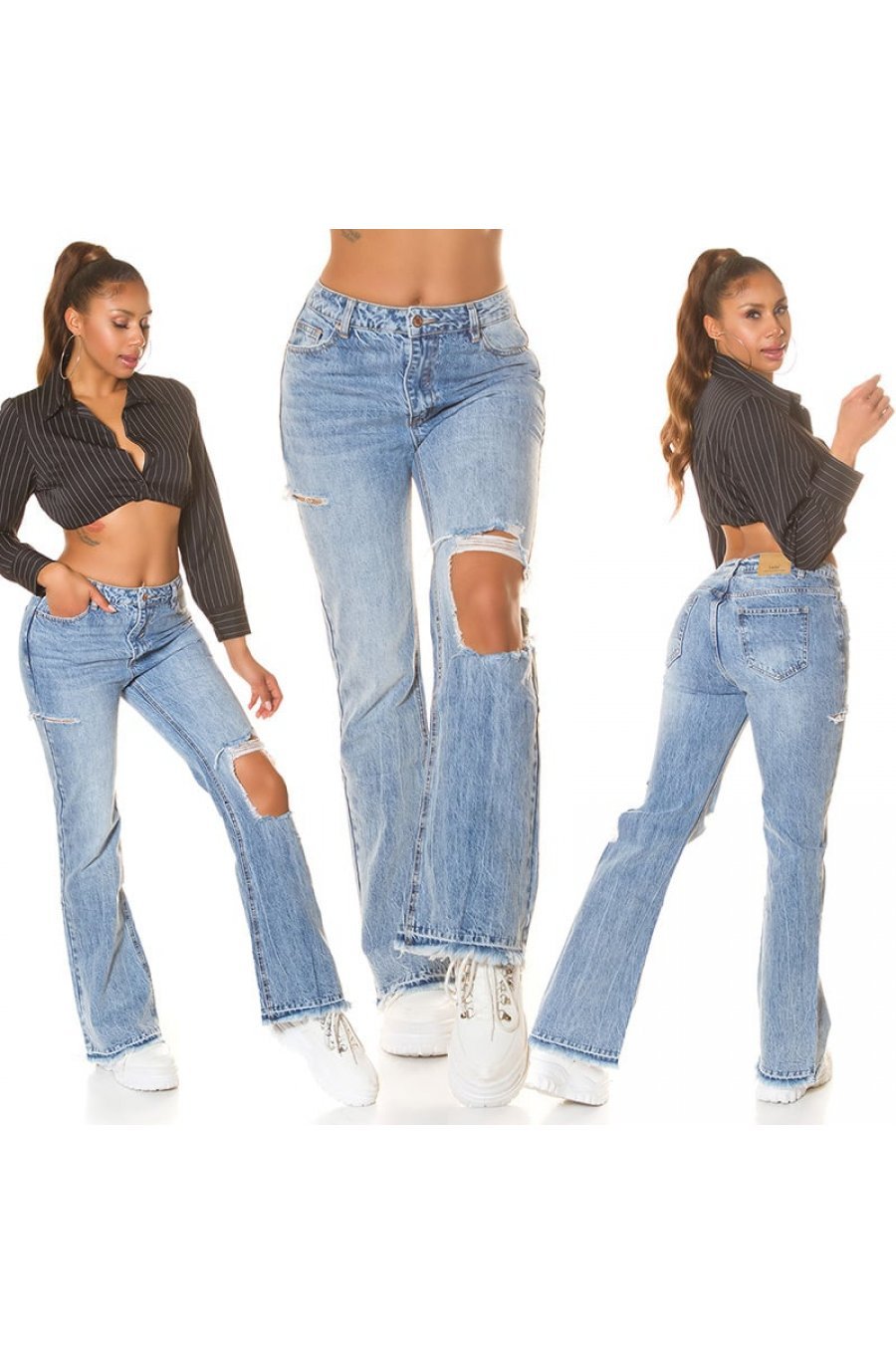 Blugi dama rupti, BootCut, albastri, din bumbac, cu talia inalta, Salme 6 - jojofashion.ro