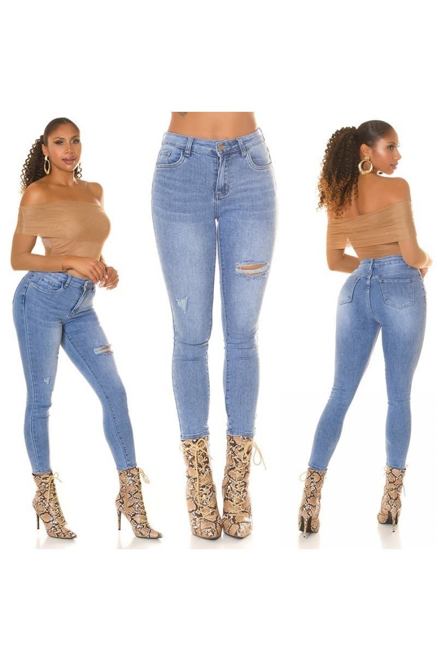 Blugi dama rupti, cu push up, albastri, din bumbac denim, cu talia inalta, mulati, Tracy 8 - jojofashion.ro