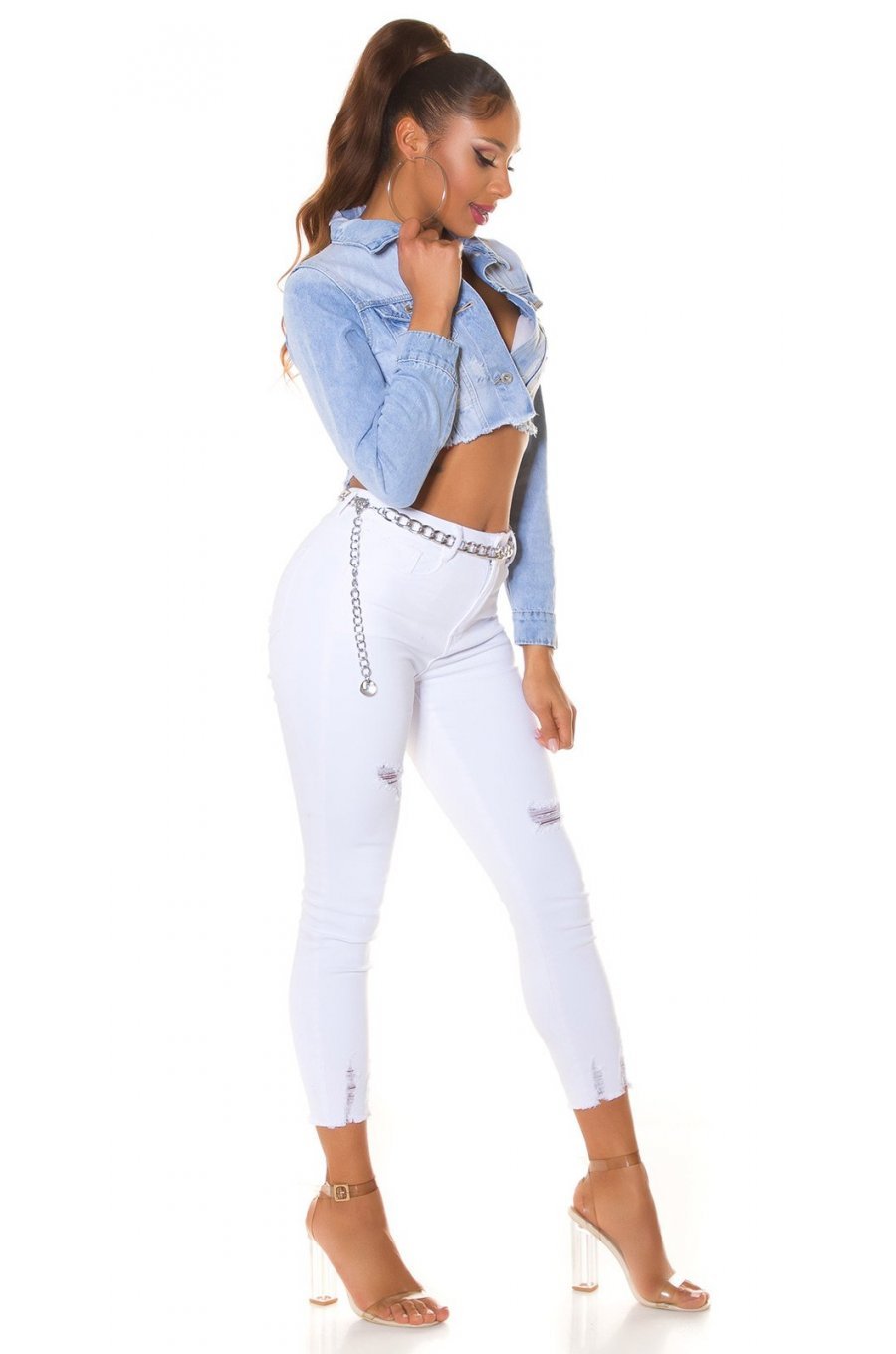 Blugi dama rupti, cu push up, albi, din bumbac, mulati, cu talia inalta, Galya 7 - jojofashion.ro