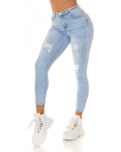 Blugi dama rupti, cu push up, bleu, din bumbac, cu talia inalta, Moore Blugi dama, Blugi dama rupti, cu push up, bleu, din bumbac, cu talia inalta, Moore - jojofashion.ro
