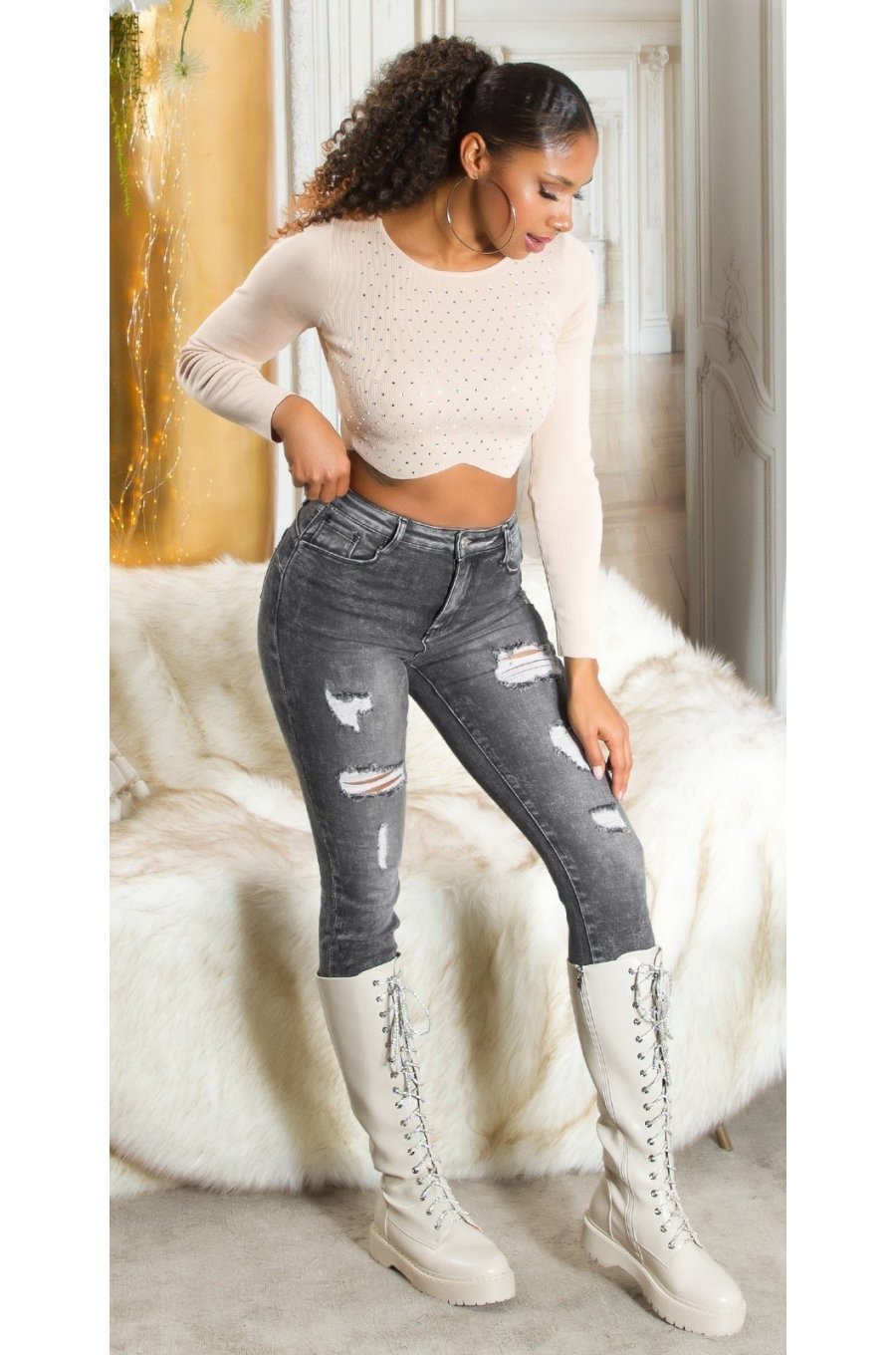 Blugi dama rupti, cu push up, negri, din bumbac, cu talia inalta, Trinity 3 - jojofashion.ro