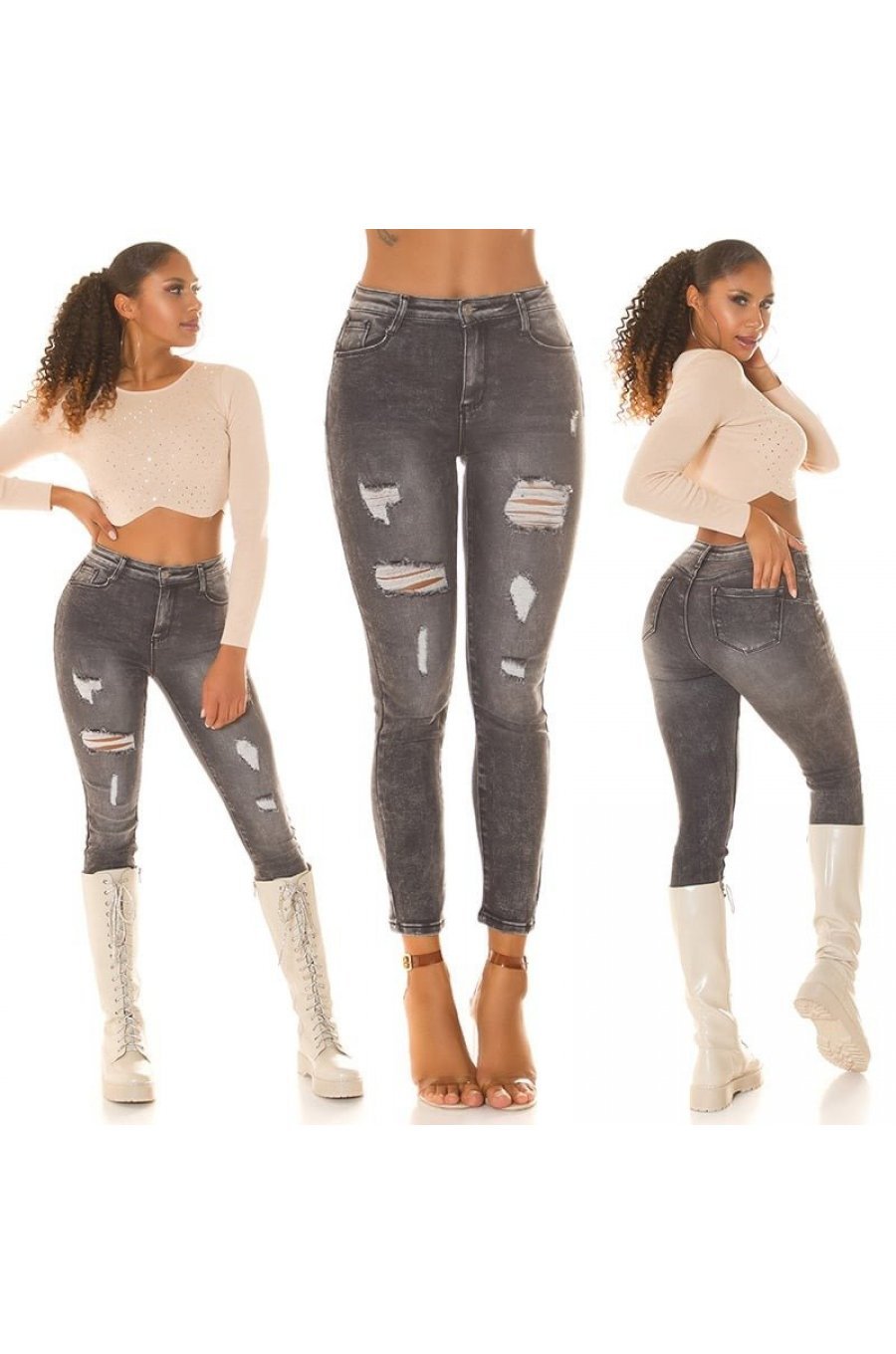 Blugi dama rupti, cu push up, negri, din bumbac, cu talia inalta, Trinity 8 - jojofashion.ro