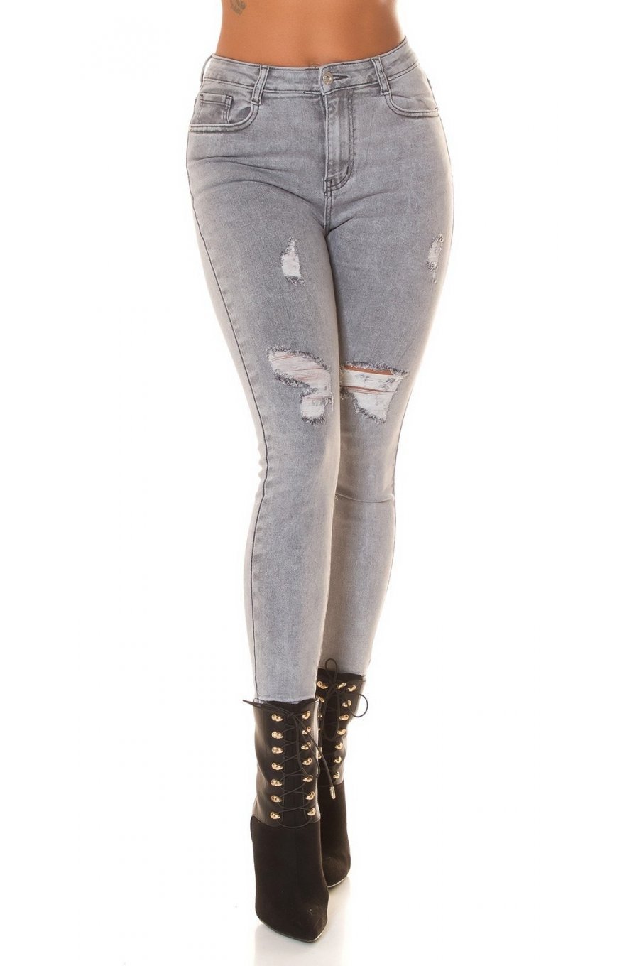 Blugi dama rupti, gri, bumbac denim, mulati, cu talia inalta, Synem 1 - jojofashion.ro