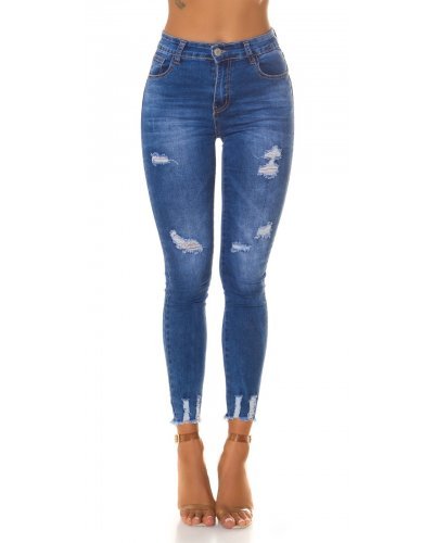 Blugi dama rupti, mulati, albastri, din bumbac, cu talia inalta, Shevonne Blugi dama, Blugi dama rupti, mulati, albastri, din bumbac, cu talia inalta, Shevonne - jojofashion.ro