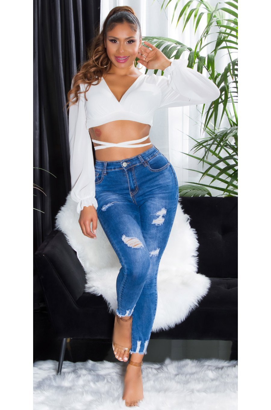 Blugi dama rupti, mulati, albastri, din bumbac, cu talia inalta, Shevonne 3 - jojofashion.ro
