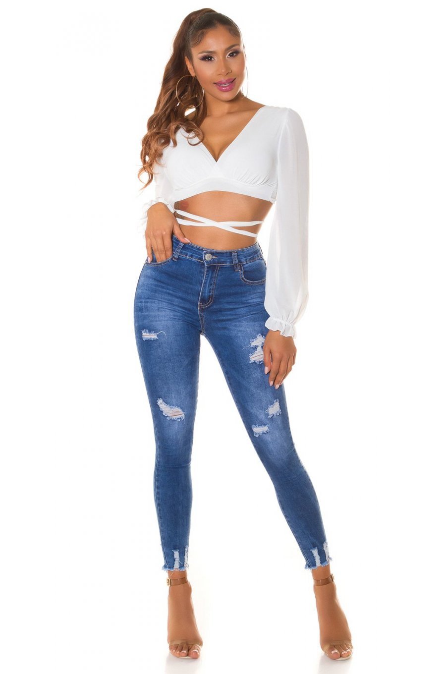 Blugi dama rupti, mulati, albastri, din bumbac, cu talia inalta, Shevonne 5 - jojofashion.ro