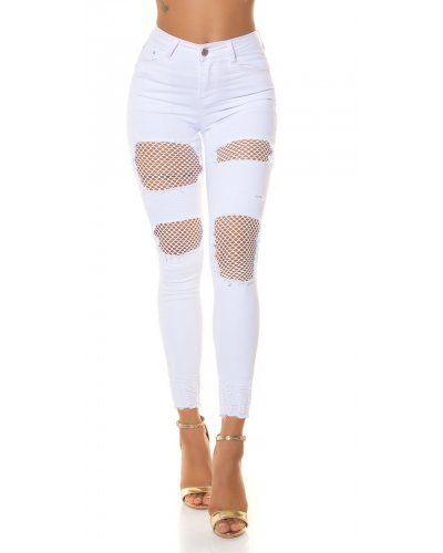 Blugi dama rupti, mulati, albi, din bumbac, cu insertii din plasa, Daniele Blugi dama, Blugi dama rupti, mulati, albi, din bumbac, cu insertii din plasa, Daniele - jojofashion.ro