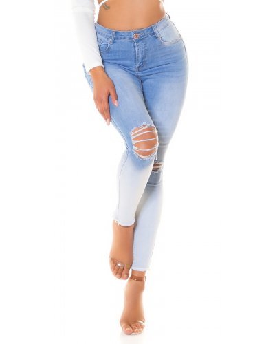 Blugi dama rupti, mulati, bleu in degrade, din bumbac, cu talia inalta, Glorya Blugi dama, Blugi dama rupti, mulati, bleu in degrade, din bumbac, cu talia inalta, Glorya - jojofashion.ro