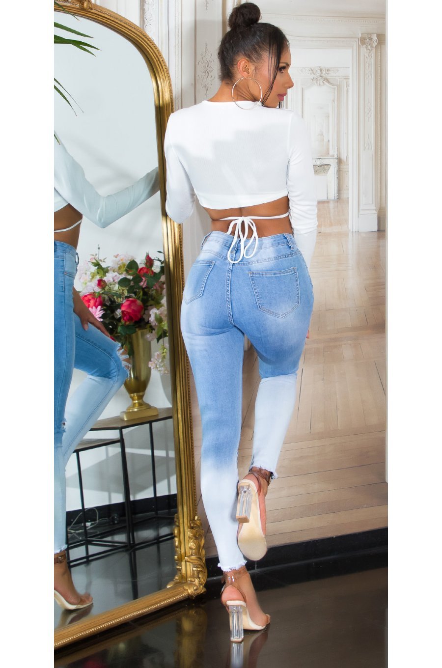 Blugi dama rupti, mulati, bleu in degrade, din bumbac, cu talia inalta, Glorya 4 - jojofashion.ro