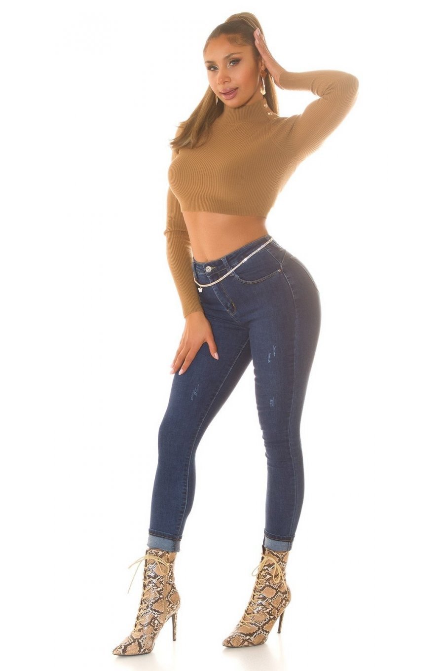 Blugi dama rupti, skinny, cu push up, albastri, bumbac denim, Harley 7 - jojofashion.ro