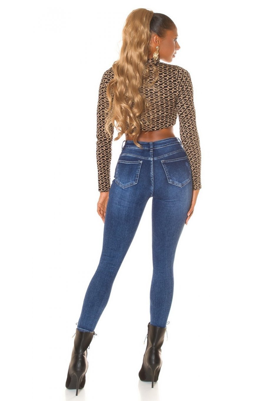 Blugi dama rupti, skinny, din denim, albastri, cu talia inalta, Aryanna 6 - jojofashion.ro