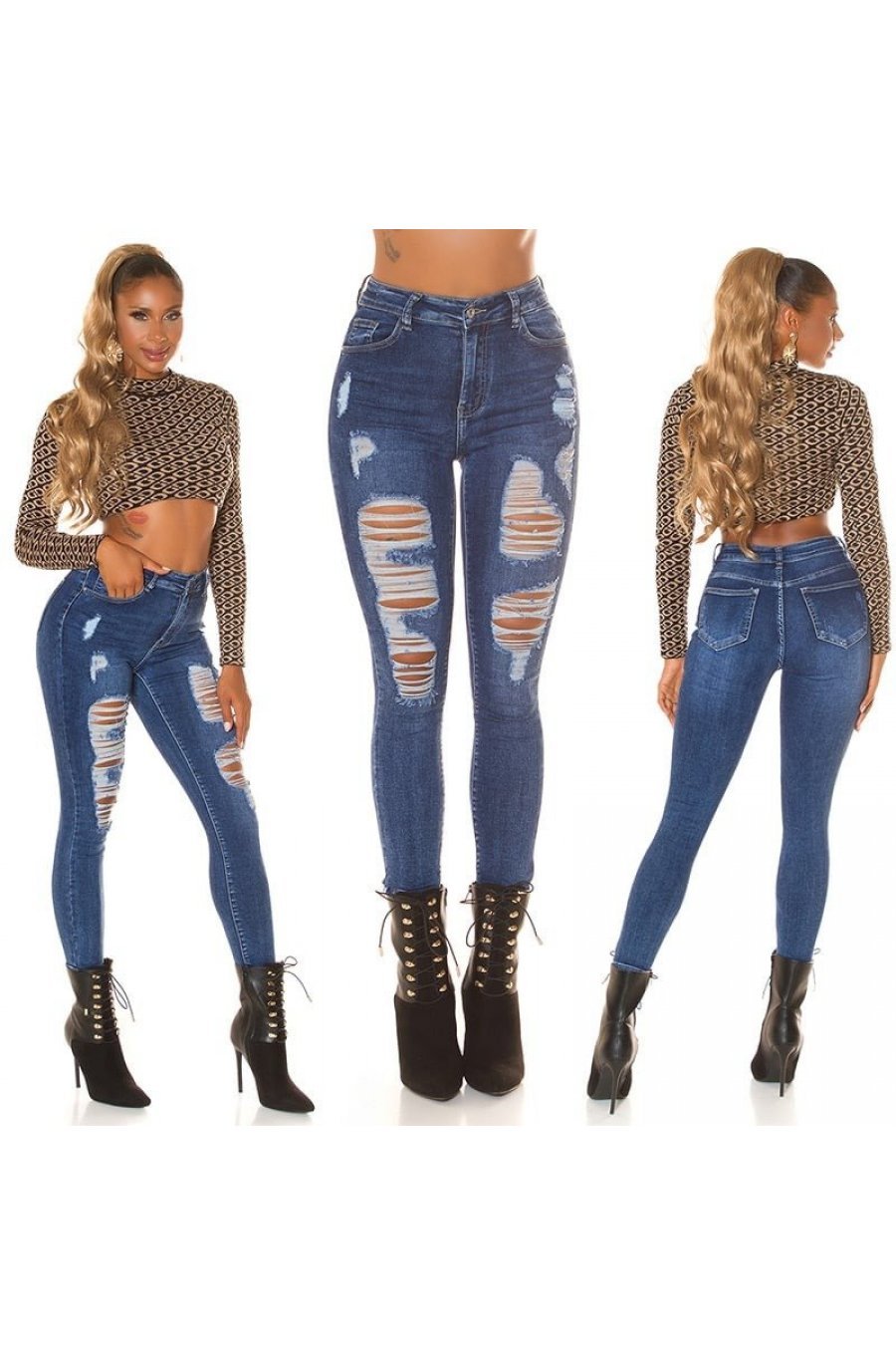 Blugi dama rupti, skinny, din denim, albastri, cu talia inalta, Aryanna 8 - jojofashion.ro