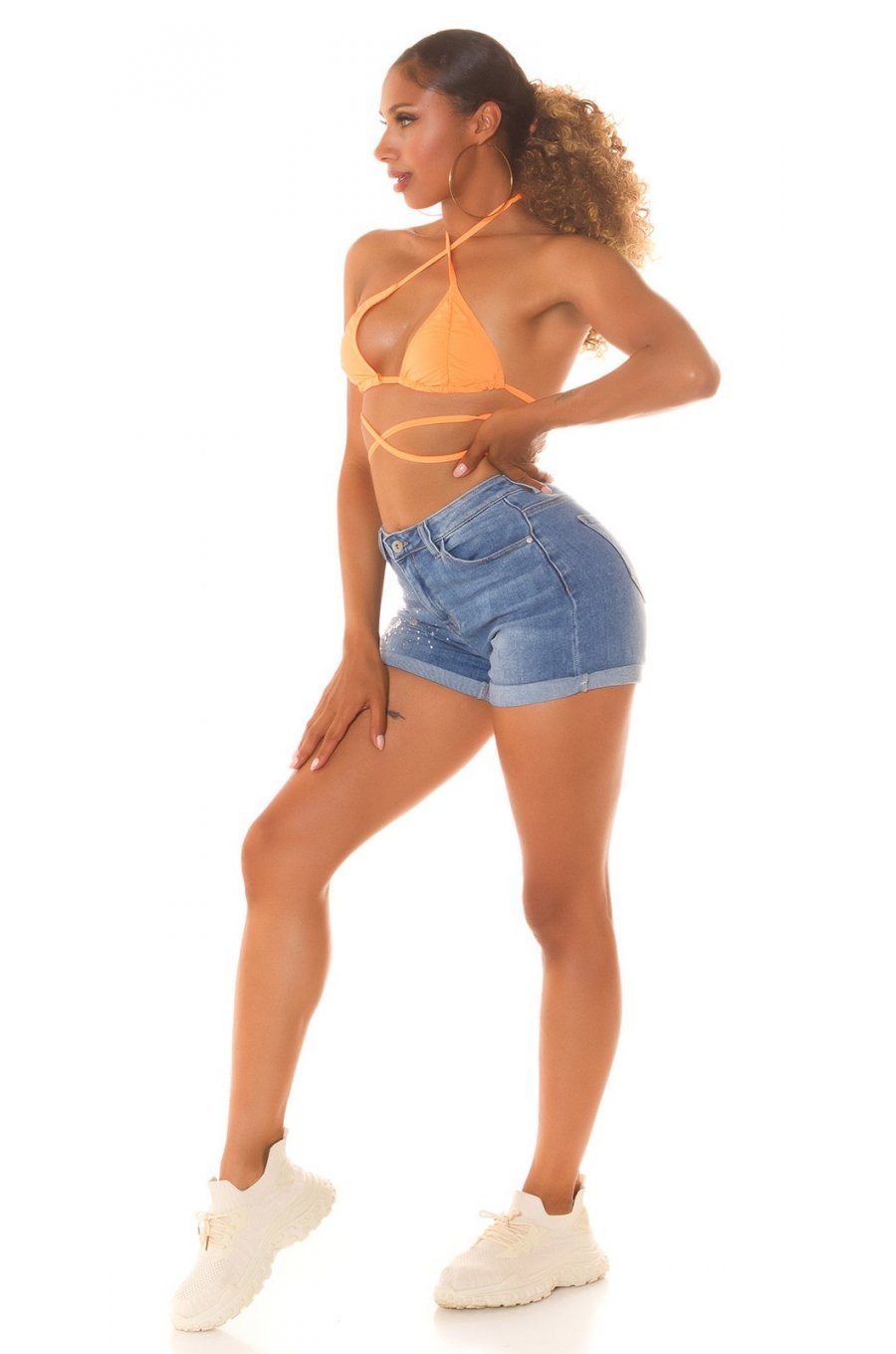 Blugi dama scurti cu push up, albastri, din bumbac, cu pietricele, Nandi 7 - jojofashion.ro