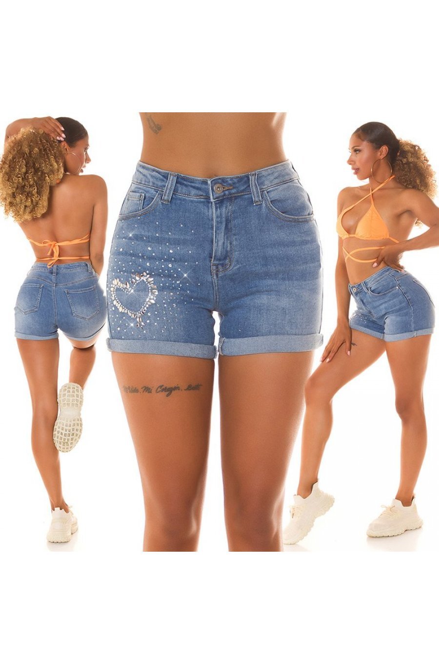 Blugi dama scurti cu push up, albastri, din bumbac, cu pietricele, Nandi 9 - jojofashion.ro