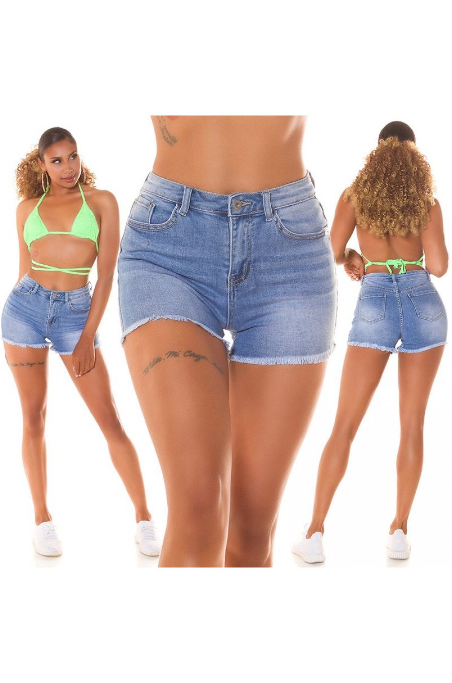 Blugi dama scurti cu talia inalta, albastri, din bumbac,  Sarita 9 - jojofashion.ro