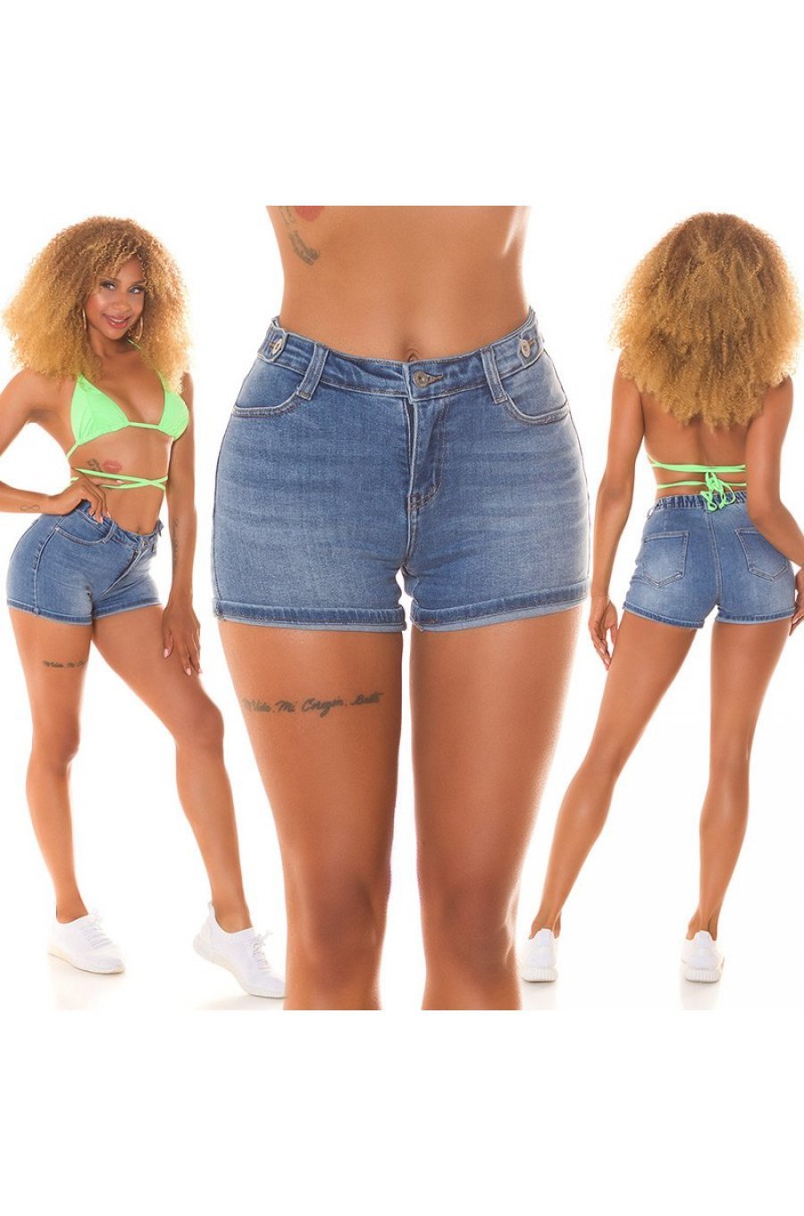 Blugi dama scurti cu talia inalta, albastri, din bumbac, Shreya Blugi dama scurti cu talia inalta, albastri, din bumbac, Shreya 8 - jojofashion.ro