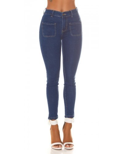 Blugi dama skinny albastri, bumbac denim, cu talia inalta si buzunare frontale, Janeth - jojofashion.ro
