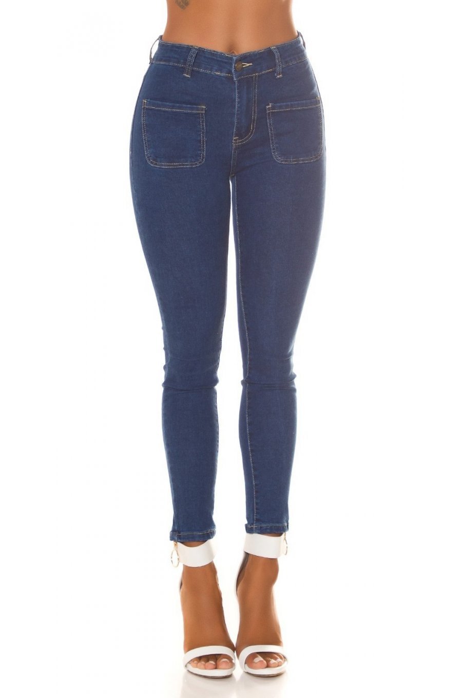 Blugi dama skinny albastri, bumbac denim, cu talia inalta si buzunare frontale, Janeth 1 - jojofashion.ro