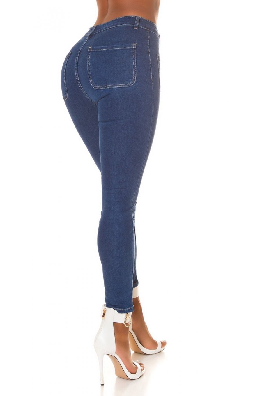 Blugi dama skinny albastri, bumbac denim, cu talia inalta si buzunare frontale, Janeth 2 - jojofashion.ro