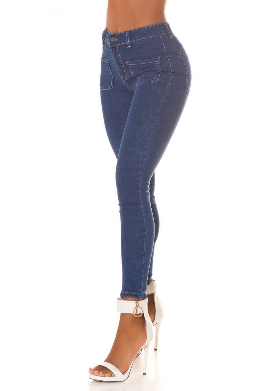 Blugi dama skinny albastri, bumbac denim, cu talia inalta si buzunare frontale, Janeth 3 - jojofashion.ro