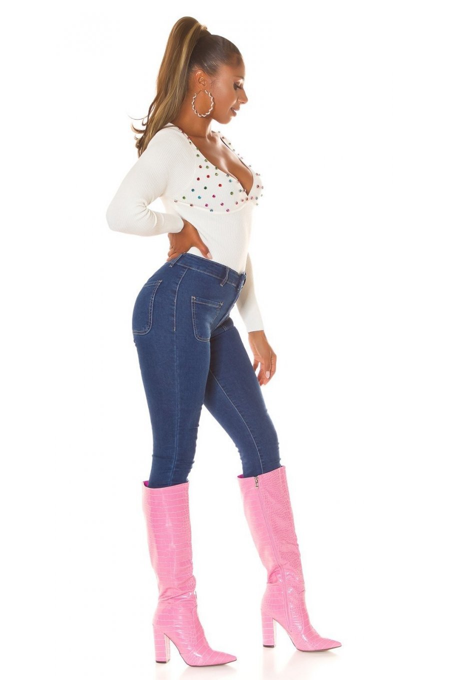 Blugi dama skinny albastri, bumbac denim, cu talia inalta si buzunare frontale, Janeth 6 - jojofashion.ro