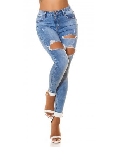Blugi dama skinny albastri, denim, rupti, cu talia inalta Maxir - jojofashion.ro