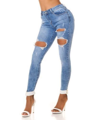 Blugi dama skinny albastri, denim, rupti, cu talia inalta Maxir - jojofashion.ro