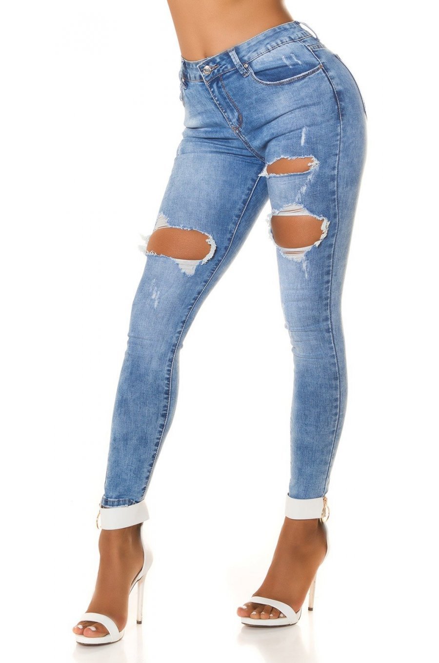 Blugi dama skinny albastri, denim, rupti, cu talia inalta Maxir 2 - jojofashion.ro
