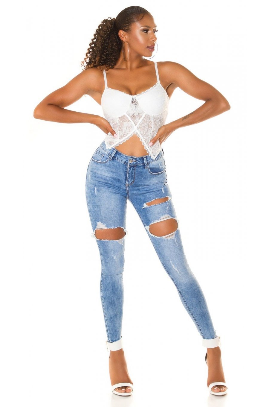 Blugi dama skinny albastri, denim, rupti, cu talia inalta Maxir 6 - jojofashion.ro