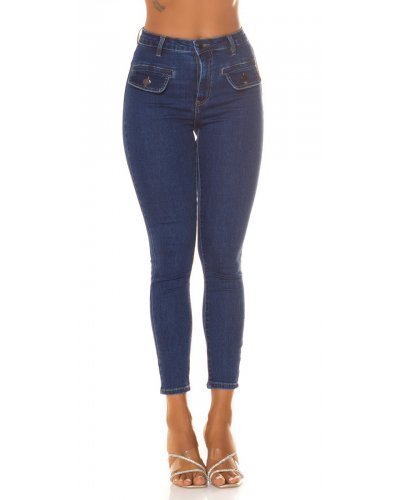 Blugi dama skinny, albastri, din bumbac, mulati, cu buzunare frontale, Estefany - jojofashion.ro