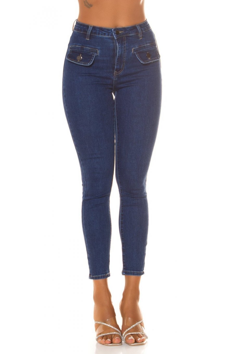 Blugi dama skinny, albastri, din bumbac, mulati, cu buzunare frontale, Estefany 1 - jojofashion.ro