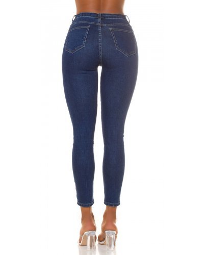 Blugi dama skinny, albastri, din bumbac, mulati, cu buzunare frontale, Estefany - jojofashion.ro