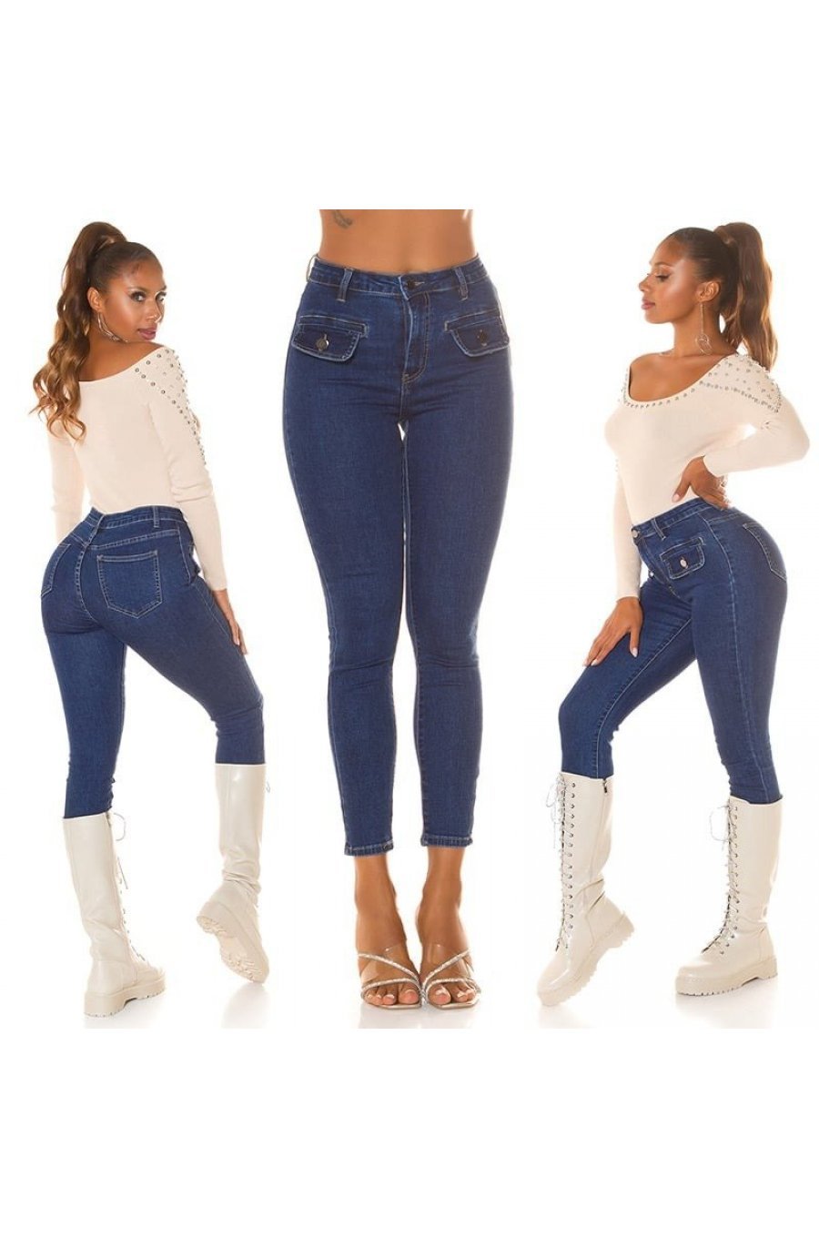 Blugi dama skinny, albastri, din bumbac, mulati, cu buzunare frontale, Estefany 8 - jojofashion.ro