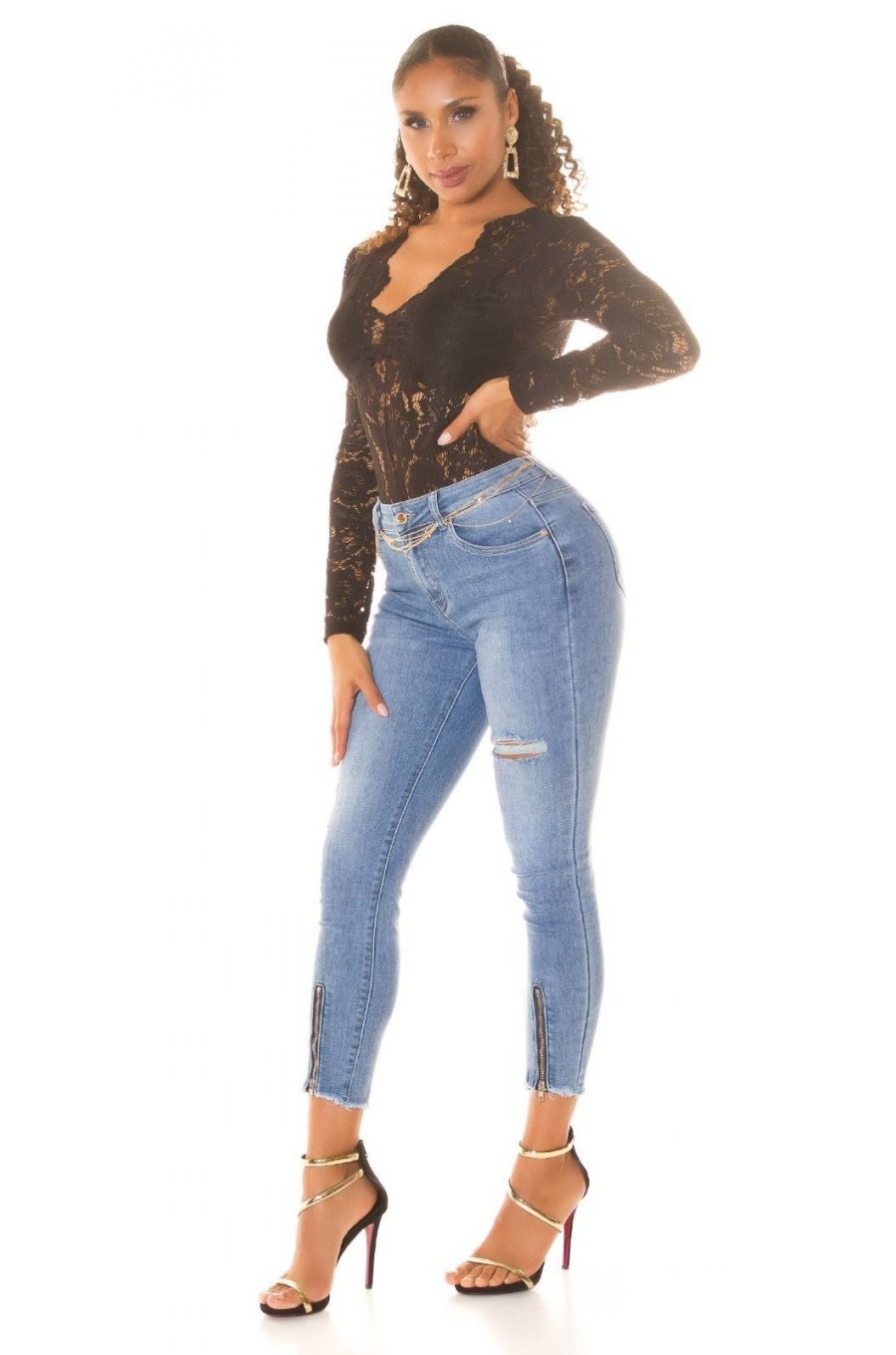 Blugi dama skinny, bleu, din bumbac, cu talia inalta, Krishna Blugi dama skinny, bleu, din bumbac, cu talia inalta, Krishna 5 - jojofashion.ro