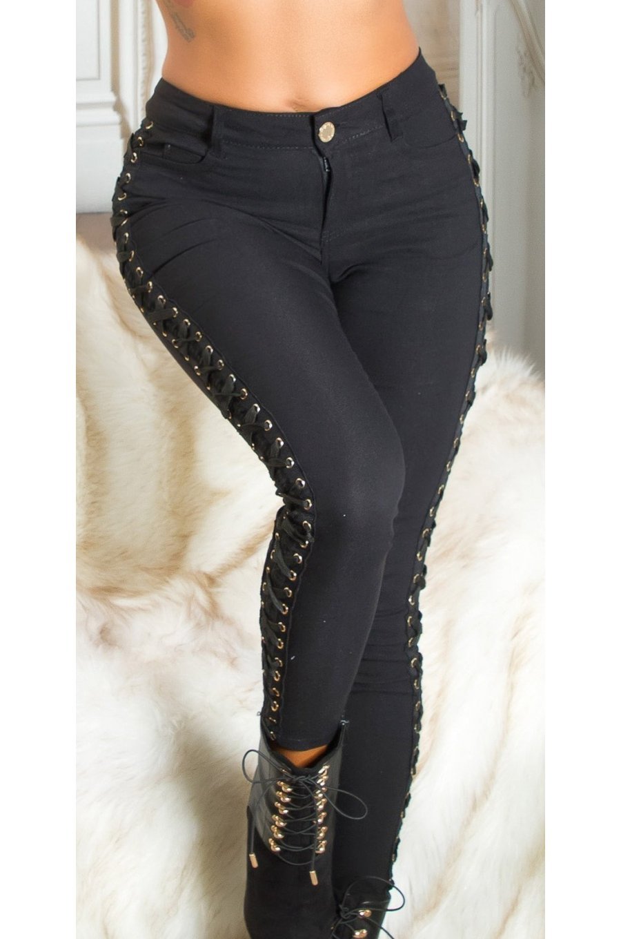 Blugi dama skinny, din bumbac, negri, accesorizati cu dantela si snur, Gratielle 8 - jojofashion.ro