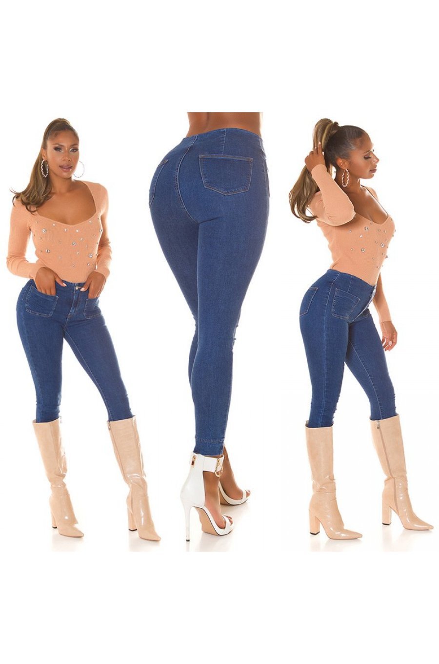 Blugi dama skinny, mulati, albastri, din denim, cu talia inalta, Crissy 5 - jojofashion.ro